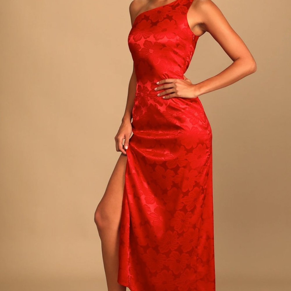 Chasing Desire Red Satin Jacquard One-Shoulder Maxi Dress